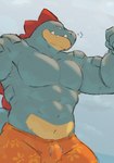2023 abs anthro blue_body bottomwear bulge clothing colored countershade_crotch countershade_face countershade_scales countershading crocodilian digital_drawing_(artwork) digital_media_(artwork) featureless_chest feraligatr fist flexing flexing_bicep generation_2_pokemon green_eyes hi_res jephhhad looking_at_viewer looking_down looking_down_at_viewer low-angle_view male muscular muscular_anthro muscular_male navel nintendo orange_bottomwear orange_clothing orange_shorts pecs pokemon pokemon_(species) pokemorph reptile scales scalie shaded sharp_teeth shorts shorts_only snout solo tail tan_body tan_countershading tan_scales teeth