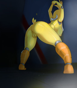 anthro bent_over bib big_breasts breasts butt female genitals inside machine nipples nude presenting presenting_hindquarters rear_view solo thick_thighs vulva yellow_body mdthetest five_nights_at_freddy's five_nights_at_freddy's_2 scottgames toy_chica_(fnaf) animatronic avian bird chicken galliform phasianid robot 2023 digital_media_(artwork) hi_res