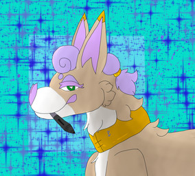 ambiguous_gender big_nose brown_body brown_fur collar collar_only drawing_pen feral fur gold_(metal) gold_jewelry green_eyes hair jewelry nude pattern_background ponytail purple_hair runes simple_background solo cookieo canid canine fox mammal hi_res