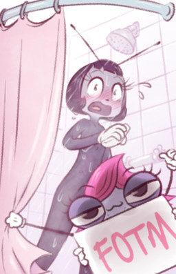 antennae_(anatomy) anthro bathing blush blush_lines bodily_fluids clothing duo female freckled_face freckles gesture gloves hair hand_gesture handwear holding_object narrowed_eyes nude open_mouth pink_hair screaming shower shower_curtain showering soap_bar sweat thumbs_up tongue 4chan_anon disney if_(2024) paramount_pictures the_buzz_on_maggie blossom_(if) maggie_pesky arthropod butterfly fly_(animal) insect lepidopteran