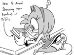 accessory anthro book butt clothed clothing cushion female furniture headband holding_book holding_object panties panty_shot question_mark reading sitting table text underwear upskirt mario-grant sega sonic_the_hedgehog_(series) amy_rose eulipotyphlan hedgehog mammal 2022 dithering english_text greyscale monochrome