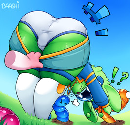 anthro bottomwear bottomwear_down candy clothed clothing dessert food grass gummy_(food) jewelry male pants pants_down partially_clothed plant shocked solo surprised underwear baashi alien food_creature gummy_creature lagomorph leporid living_candy mammal rabbit worm hi_res
