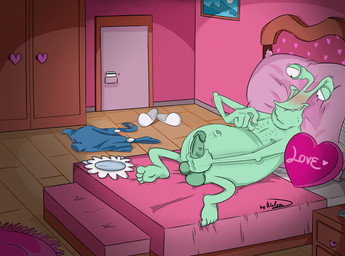 aroused balls bed bed_covers bedding bite biting_lip blanket blush blush_lines body_hair box_of_chocolates candy chest_hair chocolate clenched_teeth clothes_on_floor clothing dessert detailed_background door dresser erection eyestalks feet fingers_on_nipples flip_flops food foot_grab footrest footwear furniture genitals green_body green_skin hand_on_penis handle headboard heart_symbol hotel_room humanoid_genitalia humanoid_penis keycard lying lying_on_bed male masturbation navel nipple_fetish nipple_pinch nipple_play nipples not_furry nude on_back on_bed ottoman overweight overweight_male penile penile_masturbation penis photo pillow pinch pink_room rug sandals sandals_removed shelf shoes slightly_chubby slightly_chubby_male smile solo spread_legs spreading teeth teeth_showing text vein veiny_penis wolxxitswolxx dhx_media king_(2003) wildbrain wiggly_pie_vendor humanoid underite absurd_res english_text hi_res signature