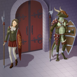 animal_genitalia anthro armor blush bottomwear casual_nudity clothing duo eyewear female genital_slit genitals glasses halberd horn male melee_weapon polearm public public_nudity shield shy skirt spear spiked_armor spikes tail weapon tiny_terrible mythology dragon human mammal mythological_creature mythological_scalie reptile scalie 1:1 absurd_res hi_res