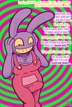 abstract_background anthro brainwashing bulge clothing costume duo erection erection_under_clothing female fursuit genitals hypnosis identity_death male mind_control overalls penis purple_body spiral_background text yellow_eyes nx-42 glitch_productions the_amazing_digital_circus jax_(tadc) lagomorph leporid mammal rabbit absurd_res english_text hi_res