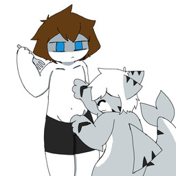 :3 bottomwear clothing clothing_pull countershading cutlery duo fork kitchen_utensils male male/male pulling_shorts_down shorts tools changed_remake changed_(video_game) lin_(changed) tiger_shark_(changed) aquatic felid fish human mammal pantherine shark tiger 1:1 hi_res