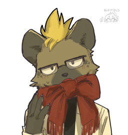 anthro blonde_hair brown_body brown_fur claws clothing eyewear facial_markings fur glasses hair head_markings looking_at_viewer male markings scarf solo topwear toku_amata lifewonders live_a_hero roiker hyena mammal spotted_hyena 2025 hi_res