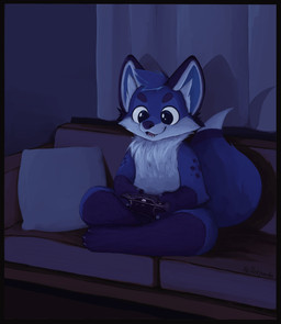 anthro controller crossed_legs eyebrows feet fur fur_markings furniture game_controller hair male markings multicolored_body multicolored_fur neck_tuft pillow sitting smile sofa solo spots tail tuft aki_red_panda kaifox canid canine fox mammal absurd_res hi_res