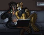 amber_eyes anthro arm_around_shoulders beer_bottle belly black_body black_claws black_fur black_nose black_pawpads bottle brown_eyes brown_pawpads casual_nudity claws computer container convenient_censorship cuddling detailed_background digitigrade duo ear_tuft electronics eye_contact fur furniture hand_on_shoulder head_tuft holding_bottle holding_container holding_object hug inside knees_pulled_up knees_up laptop looking_at_another looking_at_partner male male/male multicolored_body multicolored_fur musclegut muscular muscular_male navel night nude pawpads picture_frame romantic romantic_ambiance romantic_couple shadow short_tail sofa spread_legs spreading tail tan_body tan_fur tuft two_tone_body two_tone_fur white_body white_fur yellow_body yellow_fur juiceps heineken duke_corgi pixie_(ruska) canid canine canis domestic_dog herding_dog mammal mastiff molosser pastoral_dog rottweiler welsh_corgi hi_res