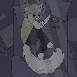 anthro bedding black_bottomwear black_clothing black_pants blanket blood bodily_fluids bottomwear box clothing container crying curled_up eyes_closed female fur gore grey_hair hair hug hugging_object hugging_plushie lying pants pillow pizza_box plastic_bottle plushie sad self-harm shirt solo tail tears topwear white_body white_fur wounded yellow_clothing yellow_shirt yellow_topwear ashblondekittyy ikea blahaj yuna_(ashblondekitty) domestic_cat felid feline felis mammal 1:1 hi_res trans_(lore) trans_woman_(lore)