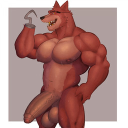 anthro areola balls barazoku big_balls big_penis biped bodily_fluids eye_patch eyewear fingers foreskin fur genitals glans grey_background half-erect hand_on_hip hook hook_hand huge_balls huge_penis humanoid_genitalia humanoid_hands humanoid_penis looking_at_viewer male muscular muscular_anthro muscular_arms muscular_male nipples open_mouth open_smile orange_body orange_eyes orange_fur partially_retracted_foreskin pecs penis pose pubes saggy_balls seductive sharp_teeth simple_background smile solo sweat sweatdrop teeth vein veiny_penis fleshformomo five_nights_at_freddy's scottgames foxy_(fnaf) canid canine fox mammal 1:1 2024 colored hi_res pinup portrait three-quarter_portrait