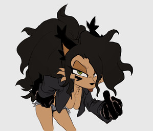anthro blep bottomwear breasts brown_body brown_fur brown_hair cheek_tuft chest_tuft clothed clothing ear_tuft facial_markings facial_tuft featureless_breasts female fluffy fluffy_tail fur gesture gloves_(marking) green_eyes hair hand_gesture hanging_breasts head_markings jacket markings middle_finger open_clothing open_jacket open_topwear short_tail shorts solo tail tongue tongue_out topwear torn_bottomwear torn_clothing torn_shorts tuft mythiilewdii luna_lynx felid feline lynx mammal
