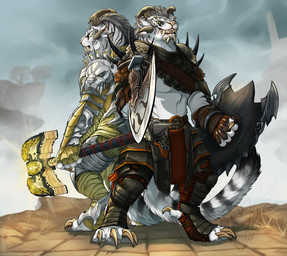 4_ears anthro armor axe claws duo fangs female flat_chested fluffy fluffy_tail fur hammer horn mane melee_weapon multi_ear plate_armor shield simple_background sky tail teeth tools weapon white_body white_eyes white_fur yellow_eyes blackchaos666 guild_wars charr felid mammal hi_res