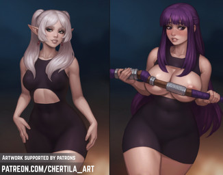 areola areola_slip big_breasts blush breasts clothing collarbone convenient_censorship duo ear_piercing eyebrows eyelashes female green_eyes grey_hair hair humanoid_pointy_ears not_furry piercing pointy_ears purple_eyes purple_hair smile staff text wide_hips chertila frieren_beyond_journey's_end fern_(frieren) frieren elf human humanoid mammal 2025 absurd_res english_text hi_res url