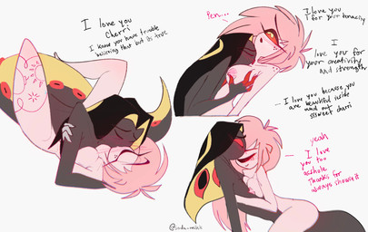 1_eye anthro blush breasts cuddling duo eyebrows eyelashes female kissing leg_tattoo licking making_out male male/female neck_lick nipples sex tattoo text tongue soda_mikk hazbin_hotel hellaverse cherri_bomb_(hazbin_hotel) sir_pentious_(hazbin_hotel) snake_demon english_text hi_res watermark