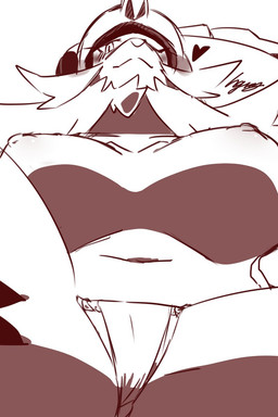 anthro areola big_breasts biped blush breasts camel_toe claws clothed clothing eyelashes female fur heart_symbol looking_at_viewer low-angle_view navel nipples one_eye_closed pokemorph pupils simple_background skimpy solo spread_legs spreading white_background gearfactory nintendo pokemon generation_5_pokemon pokemon_(species) samurott 2:3 hi_res
