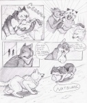 ambiguous_gender angry canid canine canis comic coop_(wrng) dialogue digitigrade english_text feral fur graphite_(artwork) greyscale group human mammal monochrome natsume_(wrng) natsumewolf pencil_(artwork) quadruped rikku tail text traditional_media_(artwork) wolf wolf's_rain wolf's_rain_next_generation