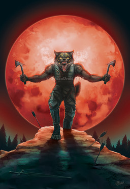 anthro armor arrow_(weapon) axe blood bodily_fluids forest male melee_weapon moon open_mouth outside plant ranged_weapon red_moon solo sword tree weapon goldendruid canid canine canis mammal wolf 2018 distracting_watermark watermark