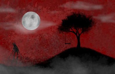 anthro fog full_moon grass hill male moon plant red_sky sky solo standing swing tall tree roli_poli mythology canid canine cryptid mammal mythological_canine mythological_creature werecanid werecanine werecreature werewolf hi_res