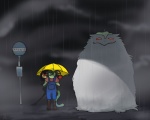 ambiguous_gender anthro bus_stop duo_focus group outside raining tail kiki-uma ghibli my_neighbor_totoro totoro_bus_stop rain_silves totoro yung_yagili avian nevrean sergal 2009 5:4 digital_drawing_(artwork) digital_media_(artwork) shaded