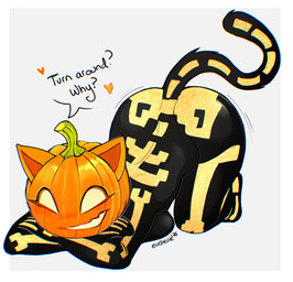 anthro big_butt black_body black_fur breast_squish breasts butt dialogue female for_a_head fur heart_symbol holidays looking_at_viewer lying markings motion_lines on_front skeleton_(marking) smile solo squish tail text evebevie epic_games fortnite halloween spice_(fortnite) domestic_cat felid feline felis humanoid mammal object_head 2025 absurd_res english_text hi_res signature