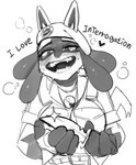 anthro beret blush bodily_fluids breasts clothed clothed_anthro clothing ears_up female female_anthro hat headgear headwear heart_symbol interrogation knife military smile solo sweat sweatdrop tail tears teeth kambo nintendo pokemon rainbow_six:_siege caveira generation_4_pokemon lucario pokemon_(species) hi_res monochrome