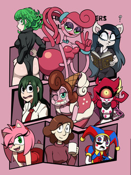 1_eye accessory anthro ass_to_ass beaded_jewelry beaded_necklace beads black_clothing blue_eyes blue_hair blush blush_stickers bodily_fluids book breasts brown_hair butt cleavage clothed clothing collared_shirt container cup dress dress_shirt embarrassed eyelashes eyeshadow female fool's_hat gesture green_eyes green_hair grin group hair hair_accessory hairband hat headgear headwear holding_book holding_container holding_cup holding_mug holding_object index_to_index jewelry leaning leaning_forward looking_at_viewer looking_back magazine maid_uniform makeup mug multicolored_clothing multicolored_eyes necklace necktie occult_symbol one_eye_closed open_mouth open_smile pentagram pink_body pink_hair question_mark rear_view red_clothing red_dress red_hair red_hairband red_necktie red_sclera scared shirt smile sweat symbol topwear two_tone_clothing uniform wink yellow_eyes barryfactory cartoon_hangover glitch_productions hazbin_hotel hellaverse mob_entertainment my_hero_academia one-punch_man one_(manga) poppy_playtime sega sonic_the_hedgehog_(series) the_amazing_digital_circus the_summoning amy_rose angel_dust asui_tsuyu baroness_von_bon_bon claire_(the_summoning) johanna_(hilda) mommy_long_legs niffty_(hazbin_hotel) pomni_(tadc) tatsumaki demon domestic_cat eulipotyphlan felid feline felis hedgehog human humanoid living_toy mammal 2023 3:4 absurd_res hi_res