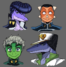 alternate_species anthro black_hair blue_eyes blue_hair clothing cosplay crossover_cosplay facial_horn front_view furrification green_body green_scales grey_background grey_hair group hair hat headgear headwear horn jacket long_snout looking_at_viewer male multicolored_body multicolored_scales nose_horn orange_body orange_scales purple_body purple_scales scales simple_background smile snaggle_teeth snout solo teal_eyes topwear two_tone_body two_tone_scales white_clothing white_jacket white_topwear jauntyweb cavemanon_studios diamond_is_unbreakable jojo's_bizarre_adventure snoot_game josuke_higashikata jotaro_kujo koichi_hirose okuyasu_nijimura ankylosaurian ankylosaurid ankylosaurus aquatic baryonyx compsognathid compsognathus dinosaur mosasaur mosasaurus ornithischian prehistoric_species reptile saurischian scalie spinosaurid theropod thyreophoran 2024 bust_portrait crossover digital_drawing_(artwork) digital_media_(artwork) hi_res portrait nephew_(lore) uncle_(lore) uncle_and_nephew_(lore)