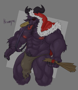 abs anthro balls basket biceps black_sclera body_hair bottomwear chest_hair christmas_clothing clothing container genitals holidays horn loincloth male muscular muscular_male nipples pecs red_eyes solo tongue tongue_out demonrat christmas krampus bovid caprine caprine_demon demon goat_demon mammal absurd_res hi_res