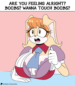 anthro big_breasts bra breasts brown_eyes brown_nose cleavage clothed clothing countershading cravat dialogue dipstick_ears dress ear_markings ears_back eye_markings eyelashes female fur gloves handwear lips long_ears markings multicolored_ears narrowed_eyes open_mouth orange_body orange_ears orange_fur pink_bra pink_clothing pink_inner_ear pink_underwear pivoted_ears presenting presenting_breasts tan_body tan_ears tan_fur text thick_bottom_lip underwear white_body white_clothing white_countershading white_fur white_gloves white_handwear flashpointgear boobs?_wanna_touch_boobs? sega sonic_the_hedgehog_(series) vanilla_the_rabbit lagomorph leporid mammal rabbit 2024 2025 absurd_res english_text hi_res meme redraw