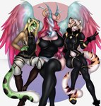 anthro belt belt_buckle big_breasts blue_eyes boots bottomwear breasts buckle calico_pattern cleavage_cutout clothing curvy_figure cutout denim denim_bottomwear denim_clothing denim_shorts feathered_wings feathers female footwear fur fur_collar green_eyes group hair high_heeled_boots high_heels highlights_(coloring) horn huge_breasts inner_ear_fluff legwear medium_breasts midriff multicolored_body multicolored_fur multicolored_hair pupils purple_highlights red_hair scales shoes shorts slit_pupils spots stripes tail thigh_highs trio tuft uniform voluptuous wings yellow_eyes pixie_awww attack_on_titan eminence_in_shadow miss_kobayashi's_dragon_maid mythology anzu_(fzzr) delta_(eminence_in_shadow) pine_(racerdragon) quetzalcoatl_(dragon_maid) vala_(fzzr) clouded_leopard dragon feathered_dragon feathered_scalie felid mammal mythological_creature mythological_scalie pantherine scalie tiger 2025 absurd_res digital_media_(artwork) hi_res