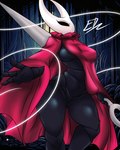 4_fingers anthro black_body black_eyes breasts cloak clothing empty_eyes eyelashes featureless_crotch female fingers front_view holding_object holding_weapon looking_at_viewer medium_breasts navel pink_cloak pink_clothing reaching_towards_viewer segmented_body solo thick_thighs weapon white_body wide_hips edworld hollow_knight team_cherry hornet_(hollow_knight) arthropod insect absurd_res hi_res