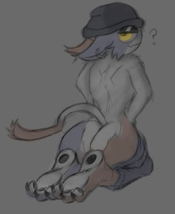 anthro beanie big_eyes butt clothing feet female hat headgear headwear nude paws rear_view solo tail nyck_ms epic_games fortnite meow_skulls calico_cat domestic_cat felid feline felis mammal sketch