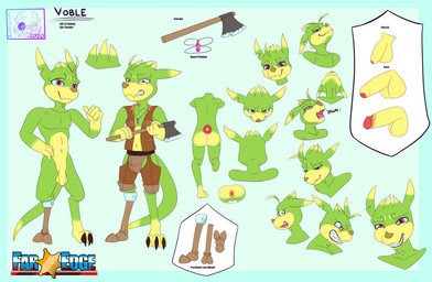 amputee anthro anus axe balls chaps clothed clothing disability foreskin genitals glans male melee_weapon non-mammal_balls penis prosthetic prosthetic_leg prosthetic_limb solo text weapon asderzx kobold scalie absurd_res english_text hi_res model_sheet
