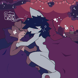 anthro anthro_on_anthro bed bed_covers bedding cloud dialogue duo eyes_closed furniture hand_on_chest inside lamp lava_lamp lying male male/male nude on_back on_bed on_front sleeping speech_bubble star string_lights text nyactophiliac ash_(nyactophiliac) colin_(nyactophiliac) canid canine canis domestic_dog mammal 1:1 english_text
