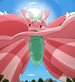 ambiguous_gender annoyed blue_sky blush bound day evergreen_tree extreme_size_difference low-angle_view macro mountain musk outside pine_tree pink_body pink_eyes plant size_difference sky sun tree listrymistery nintendo pokemon generation_7_pokemon lurantis pokemon_(species) 2023 digital_drawing_(artwork) digital_media_(artwork) hi_res
