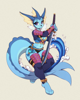 anthro anthrofied blue_body breasts clothing eyelashes female holding_object holding_weapon katana legwear medium_breasts melee_weapon navel panties paws pokemorph purple_eyes simple_background solo sword tail underwear weapon asimos nintendo pokemon eeveelution generation_1_pokemon pokemon_(species) vaporeon 2025 4:5 hi_res signature