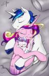 bed eyes_closed feathered_wings feathers female feral fur furniture group hair horn hug male multicolored_hair on_bed pillow pink_body pink_feathers pink_fur sleeping smile white_body white_fur wings silfoe friendship_is_magic hasbro my_little_pony mythology flurry_heart_(mlp) princess_cadance_(mlp) shining_armor_(mlp) equid equine mammal mythological_creature mythological_equine unicorn winged_unicorn 2016 hi_res