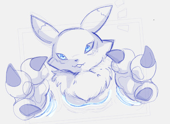 3_fingers anthro armwear black_body black_claws black_nose blue_eyes breasts bridal_gauntlets claws clothing countershade_torso countershading digital_space electronics fangs female fingers fur fur_markings happy long_ears looking_at_viewer markings monitor motion_lines neck_tuft open_mouth pawpads simple_background smile solo teeth text tongue tuft website white_background white_body white_countershading dclaret dclaretxrevolt bandai_namco digimon canid digimon_(species) mammal renamon artist_name colored digital_drawing_(artwork) digital_media_(artwork) shaded sketch