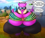 4_toes 5_fingers anthro areola areola_slip big_breasts breasts crouching feet female fingers fur huge_breasts nipple_outline open_mouth pink_body pink_fur solo text toes nightlyflare epic_games fortnite dj_bop alpaca camelid mammal 2024 english_text hi_res