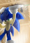 anthro bathing blue_body blue_fur clothing footwear frown fur gloves green_eyes handwear male shower showering socks solo kalk427 sega sonic_adventure sonic_the_hedgehog_(series) sonic_the_hedgehog eulipotyphlan hedgehog mammal