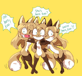anthro brown_body brown_fur clone dipstick_tail female female_anthro fur gloves_(marking) green_eyes group hair leg_markings looking_at_viewer markings socks_(marking) standing tail tail_markings text trio white_body white_fur conditional_dnp fiddleafox averi_(fiddleafox) canid canine fox mammal red_fox true_fox english_text hi_res