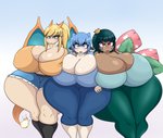 absurd_res big_breasts blastoise bottomwear breast_squish breasts breasts_frottage charizard cleavage clothed clothing female fire generation_1_pokemon group hi_res huge_breasts humanoid hyper hyper_breasts looking_at_viewer luditima nintendo pokemon pokemon_(species) pokemon_humanoid pokemorph shorts squish starter_trio thick_thighs venusaur