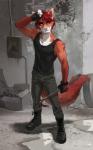 5_fingers anthro blood bodily_fluids brown_body brown_fur clothed clothing crowbar detailed_background fingers fur hair holding_crowbar male melee_weapon red_hair shirt smile solo standing tank_top tools topwear weapon yellow_eyes melloque domestic_cat felid feline felis mammal 2017 digital_media_(artwork)