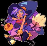 blue_eyes breasts broom broom_riding candy cleaning_tool clothing crown dessert ear_piercing ear_ring female food fruit hair hat headgear headwear holidays humanoid_pointy_ears long_hair not_furry open_mouth open_smile piercing plant pointy_ears pumpkin purple_hair ring_piercing smile solo tiara witch_hat bacun halloween shantae_(series) wayforward shantae genie humanoid 2021 absurd_res alpha_channel hi_res