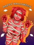 anthro bandage big_breasts breasts chest_tuft clothing costume eyelashes female floppy_ears fur hair halloween_costume holidays looking_at_viewer lop_ears mummy_costume mummy_wrappings one_eye_closed open_mouth open_smile orange_background pawpads purple_background red_body red_fur red_hair short_hair simple_background smile solo text thick_thighs thigh_gap tuft wide_hips wink winking_at_viewer yellow_eyes zoo5469 halloween canid canine canis domestic_dog mammal absurd_res hi_res