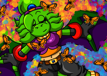accessory anthro arms_stretched bangs belt belt_buckle bottomwear bracelet buckle cargo_shorts clothing dragon_wings eyes_closed feathers female fingerless_gloves flower_field gloves green_body hair handwear headband high-angle_view jewelry lime_green long_tail lying midriff multicolored_body multicolored_clothing multicolored_shirt multicolored_topwear nature nature_background navel necklace on_back peaceful_scenery ponytail prehensile_tail relaxing shirt short_hair shorts smile solo spread_wings tail tied_hair topwear two_tone_body two_tone_clothing two_tone_shirt two_tone_topwear wings spdy4 mythology arrow_(spdy4) arrow_the_dragon arrow_xiang_long arthropod butterfly couatl dragon eastern_dragon feathered_scalie feathered_snake hybrid insect lepidopteran mythological_creature mythological_scalie reptile scalie snake 2011 absurd_res digital_media_(artwork) hi_res