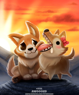 black_eyes blush bodily_fluids bow_(feature) bow_accessory brown_body brown_fur cloud dot_eyes drooling duo ear_bow female feral fur happy humor licking male open_mouth outside pawpads pun rock saliva simple_eyes smile sun sunrise tail tail_motion tailwag tan_body tan_fur teeth text tongue tongue_out white_body white_fur piper_thibodeau canid canine canis mammal wolf digital_media_(artwork) digital_painting_(artwork) painting_(artwork) url