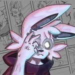 ambiguous_gender clothing comic_panel expressionless fur hand_over_eye hoodie markings no_pupils pattern_clothing solo spots spotted_body spotted_fur striped_clothing stripes sweater topwear yumuyumu zinc_(yumuyumu) canid canine canis fox jackal mammal wolf cross-hatching hatching_(art) shaded