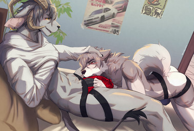 anthro anthro_on_anthro bed between_legs black_penis clothed clothing duo ear_piercing ear_ring ear_stud fur furniture genitals glans_outline grey_body grey_eyes grey_fur grey_hair grey_tail hair humanoid_genitalia humanoid_penis inside jockstrap male male/male male_anthro narrowed_eyes on_bed open_mouth penis penis_base piercing pillow plant poster reclining red_eyes ring_piercing short_hair side_view tail tail_tuft topless topwear tuft underwear white_body white_clothing white_fur white_tail white_topwear yellow_sclera cobu armiger_(bxrnstellar) lucky_(chancedoer) bovid canid canine canis caprine domestic_dog goat mammal nordic_sled_dog samoyed spitz hi_res signature